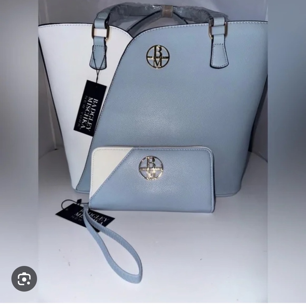 Badgley Mischka Blue and White Tote with Clutch